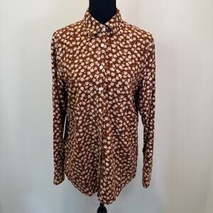 Lands' End Button Down Shirt Women's 6/8 Brown Floral Print Retro 70s Inspired